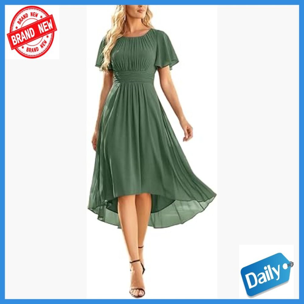 Chiffon Empire Waist A-Line Midi Dress with Short Sleeves for Formal Events
